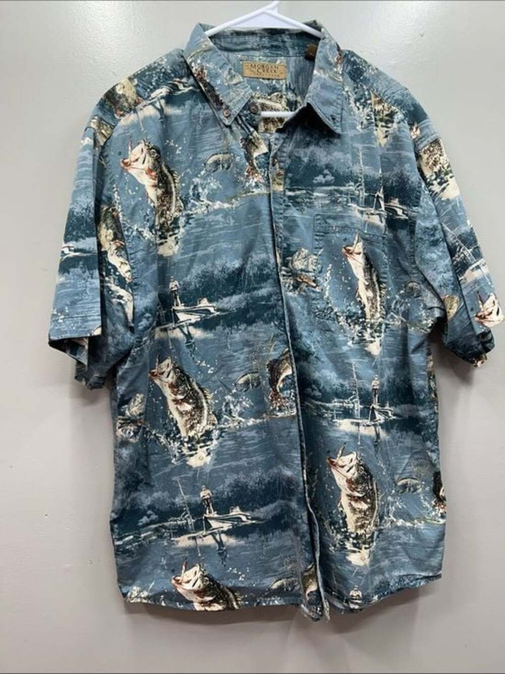 Morgan Creek Cotton Blue Fishing-Print Short Sleeve Button-Down Shirt